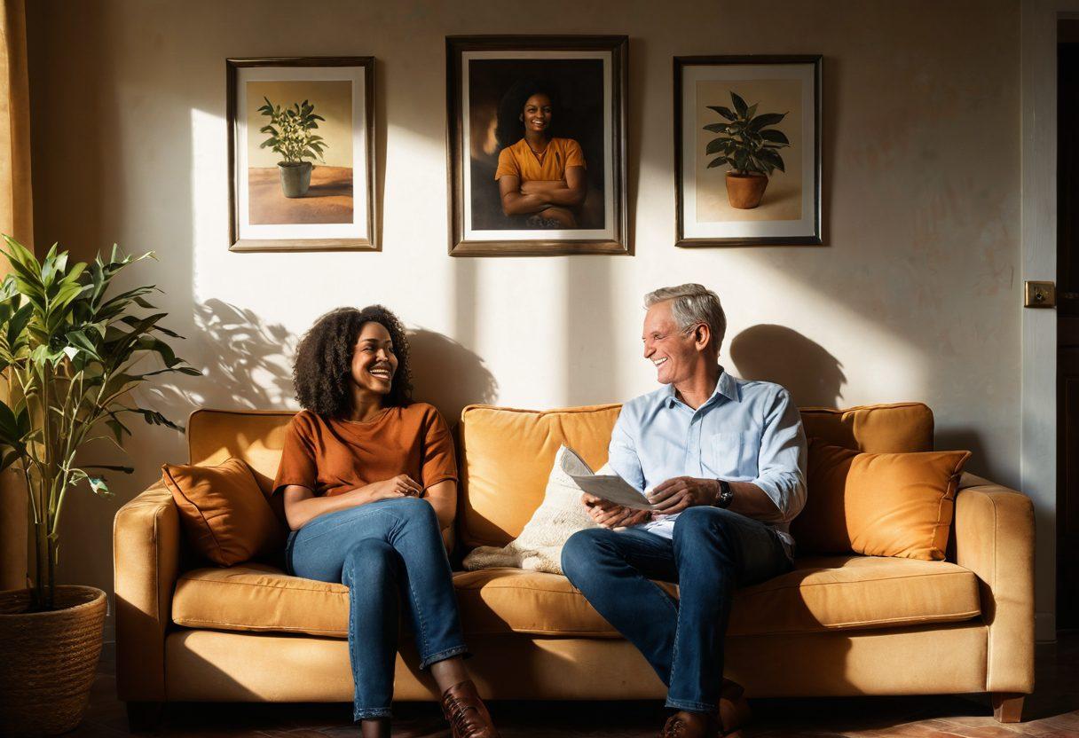 A serene scene depicting two people sitting closely on a cozy sofa, sharing a moment of laughter and deep conversation, with soft sunlight filtering through a window, casting warm shadows. In the background, a wall adorned with framed memories representing their journey together, and a small indoor plant symbolizing growth. The atmosphere is intimate and inviting, suggesting a strong bond. super-realistic. warm colors. soft focus.