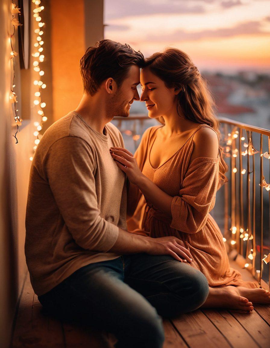 A cozy, intimate scene of a couple sitting together on a sunset-lit balcony, sharing a heartfelt moment, surrounded by glowing fairy lights and warm hues. Include subtle symbols of love like intertwined hands and a heart-shaped shadow on the wall. Emphasize a sense of emotional depth and connection, with soft focus on the couple's expressions. super-realistic. warm colors. soft focus.