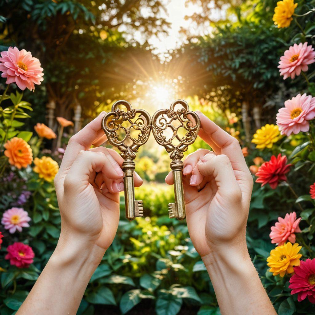A pair of intertwined hands holding a golden key amidst a lush garden filled with vibrant blooming flowers, symbolizing love and connection. In the background, soft golden light filters through trees, creating a warm and inviting atmosphere. Heart-shaped petals scatter around, representing affection and passion. super-realistic. vibrant colors. soft focus.